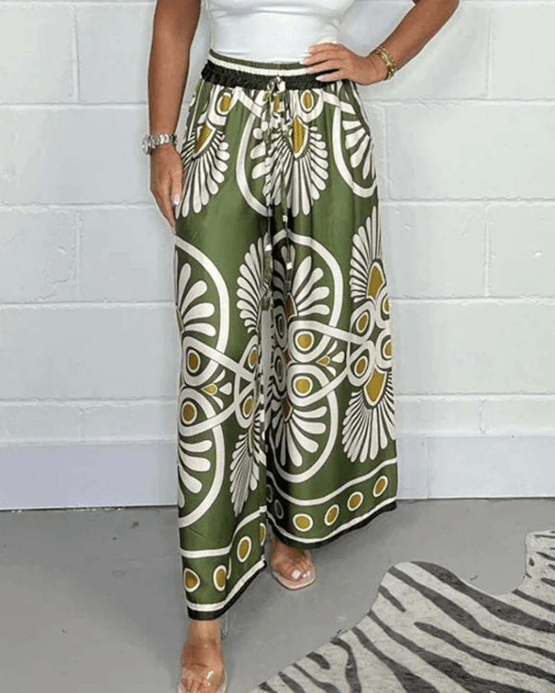 Queniva | Elegant High Waist Palazzo Trousers with Elastic Drawstring