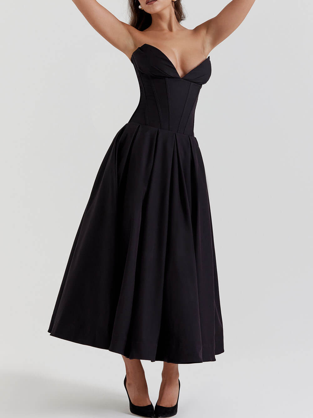 Delilah® | Elegant Black Strapless Midi Dress