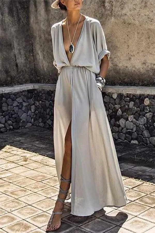 Alicia® | Solid Color Mid-Length Sleeve Large Swing Split Long Dress for Women