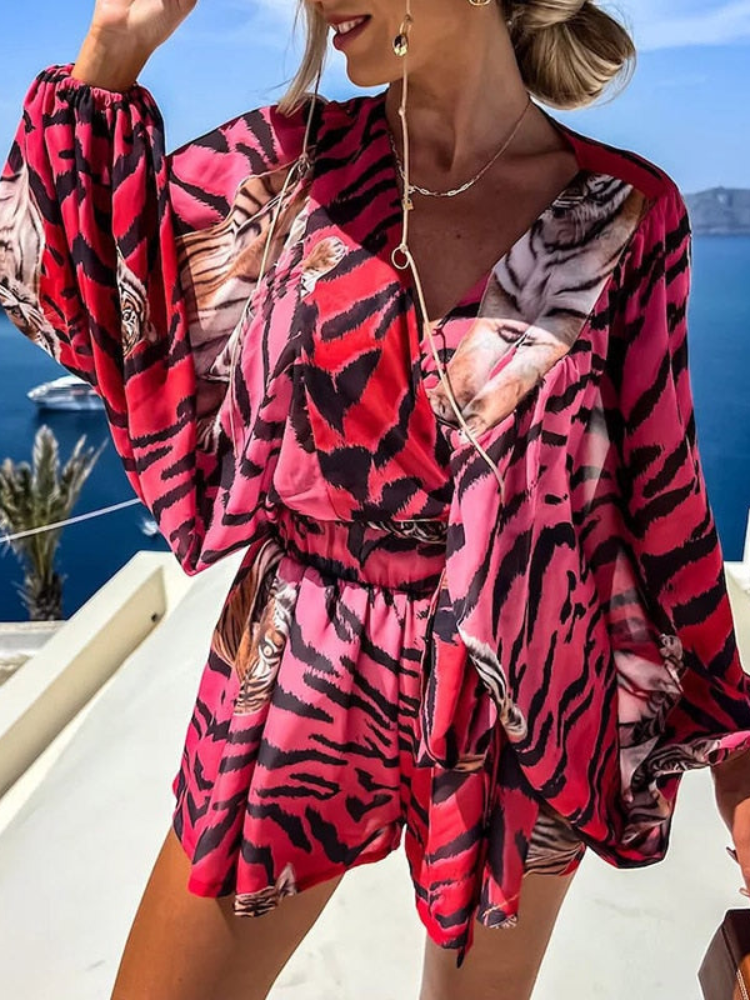 Daniela® | Elegant V-Neck Long-Sleeved Printed Top And Short Summer Set
