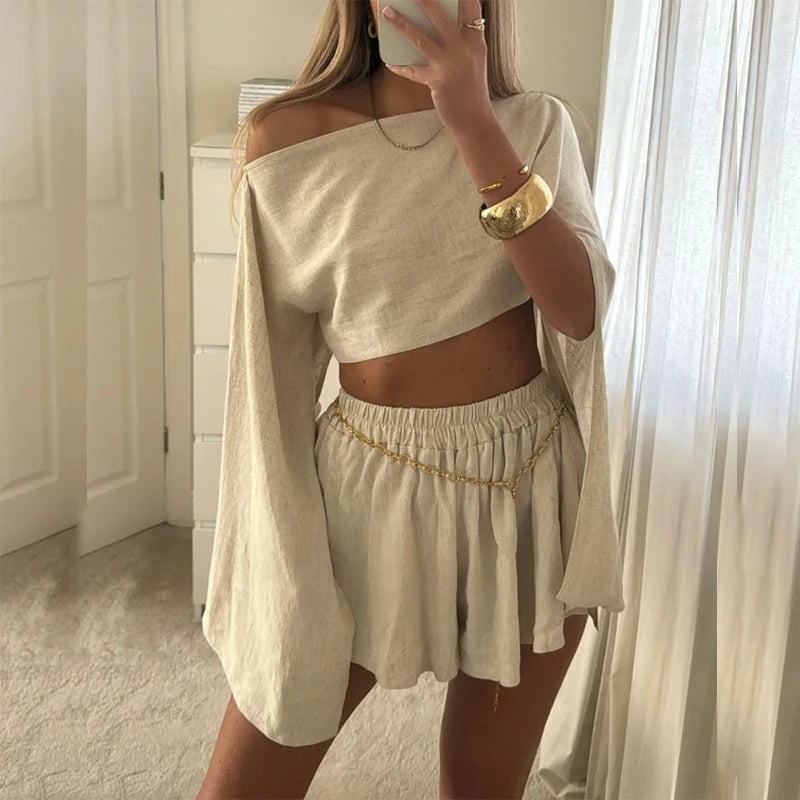 Margot | Women's Elegant Off-Shoulder Cropped Top and Ruffle Shorts Set