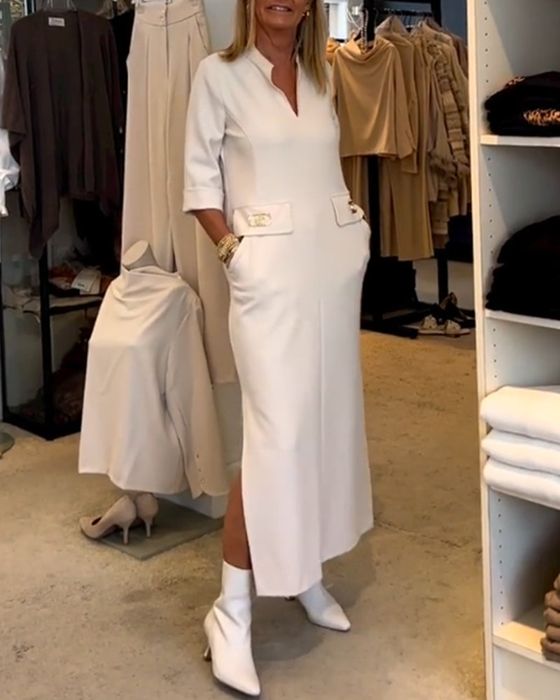 Adela® | Solid color slit dress with 3/4 sleeves