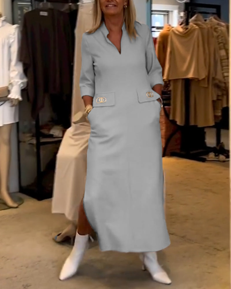 Adela® | Solid color slit dress with 3/4 sleeves