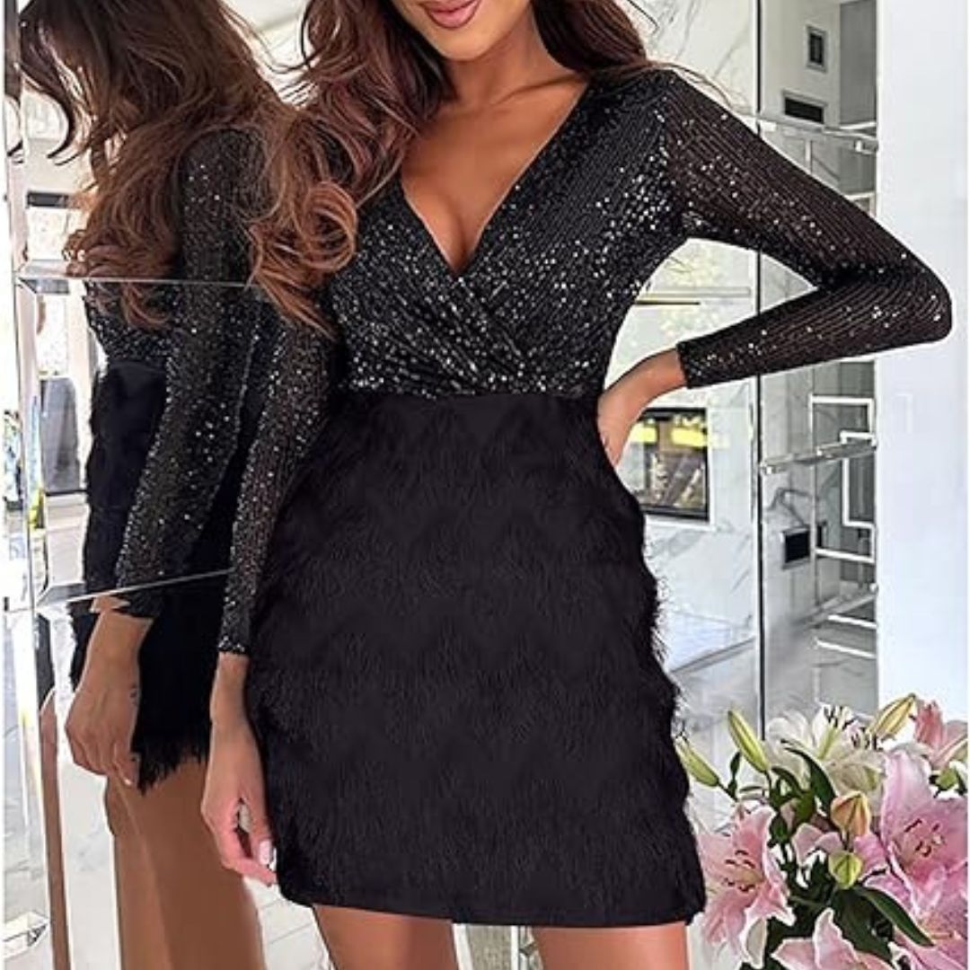 Amalberga® | Heidi-Mode Sequin Dress With V-Neck