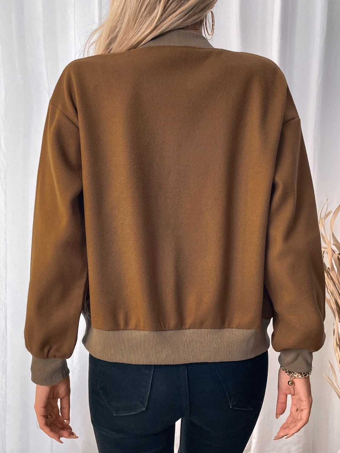 Araceli® | Perfee Baseball Collar Snap Down Long Sleeve Jacket