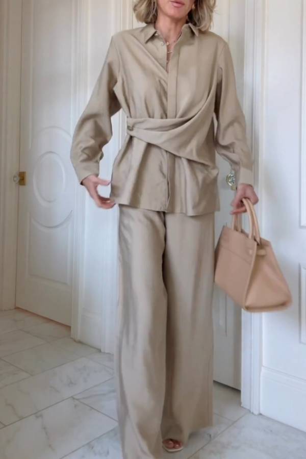 Diana® | Cross-waist shirt and wide-leg pants suit