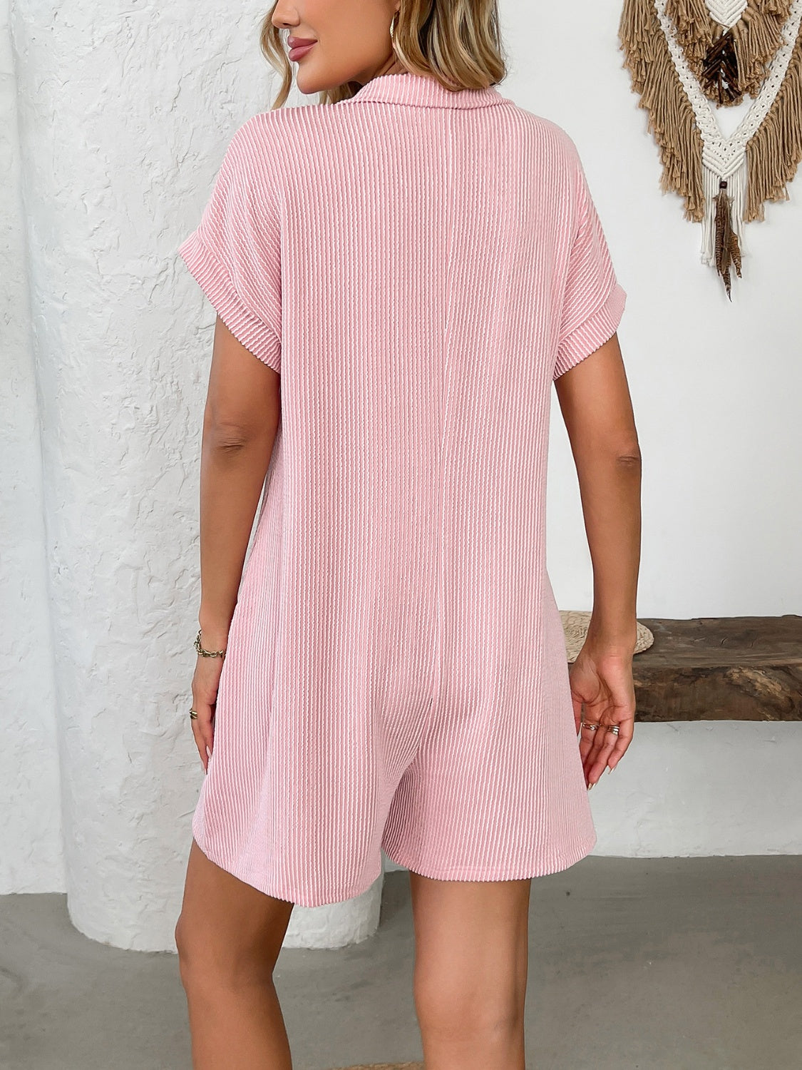 Camila® | Short sleeve romper with button detail and collar