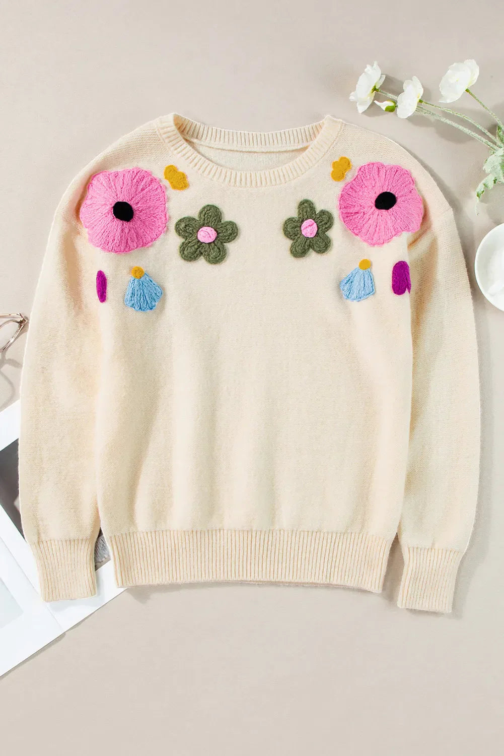 Adele® | Oversized long sleeve crochet floral crew neck sweater