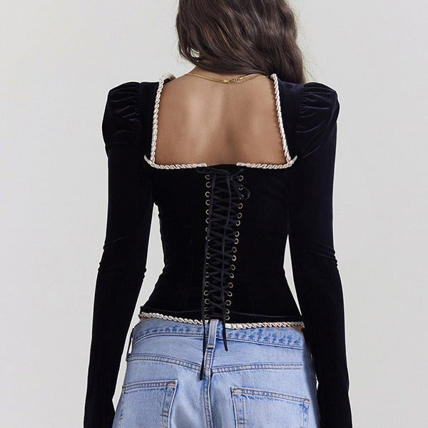 Asela® | Charming Blouse With A Square Neckline And Velvet Finish