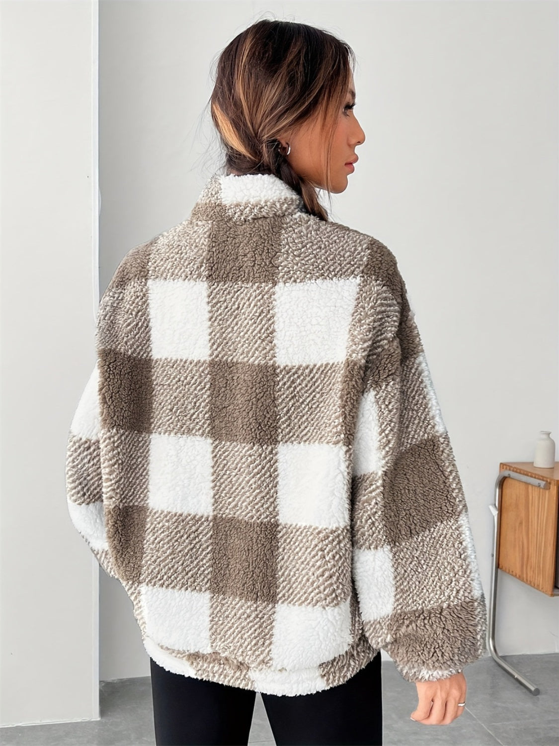 Brigitte® | Checked half zip long sleeve teddy sweatshirt