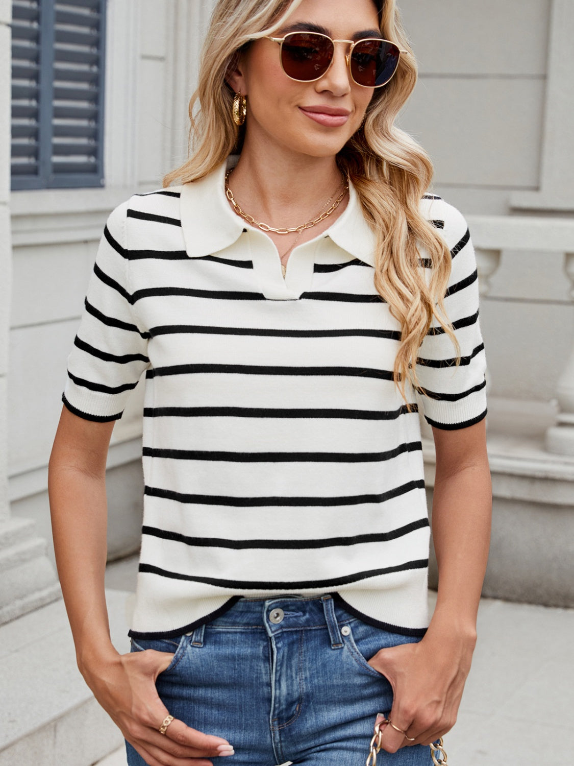 Autumn® | Short-sleeved sweater with a striped collar