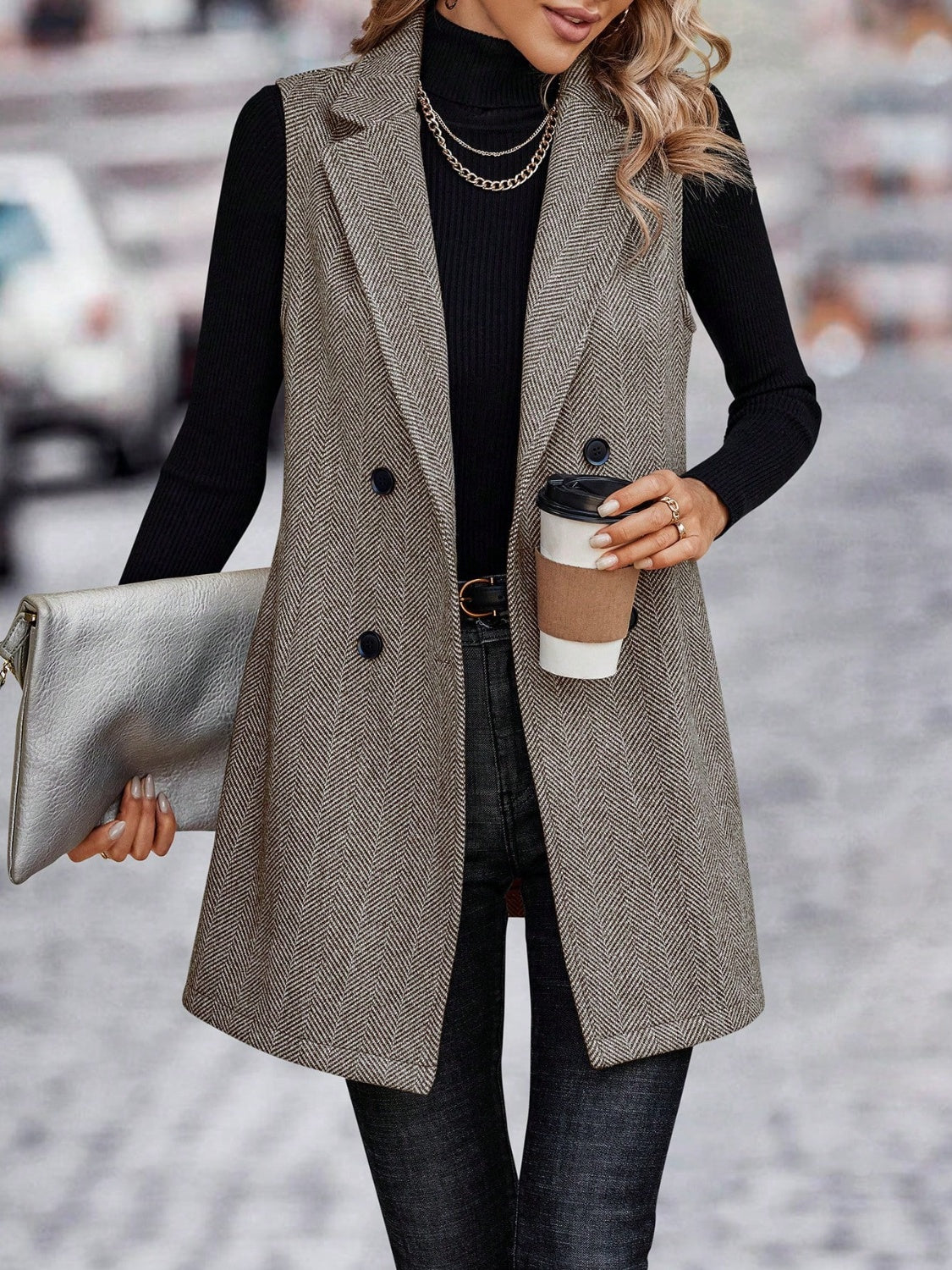 Carolin® | Long cut vest coat with buttoned collar and collar