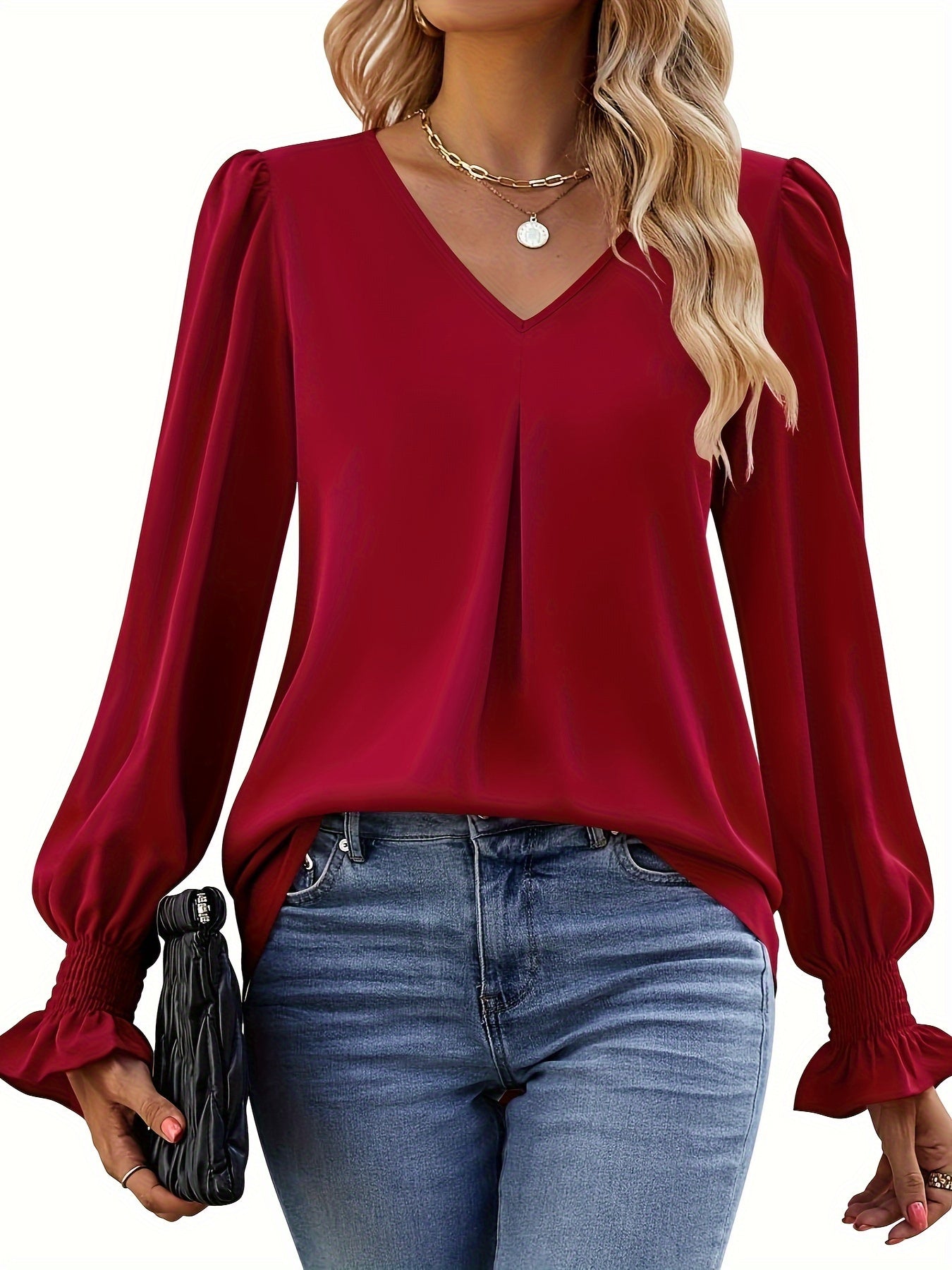 Brendell® | Simple V-Neck Blouse With Long Sleeves, Elegant Ruffled Blouse