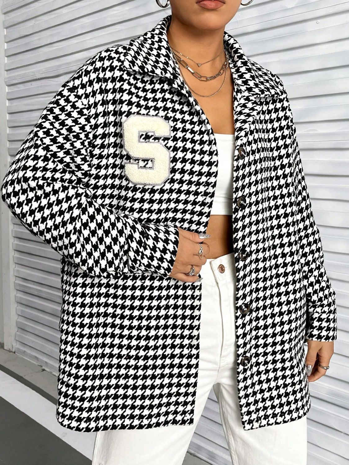 Claudia® | Houndstooth button down long sleeve jacket