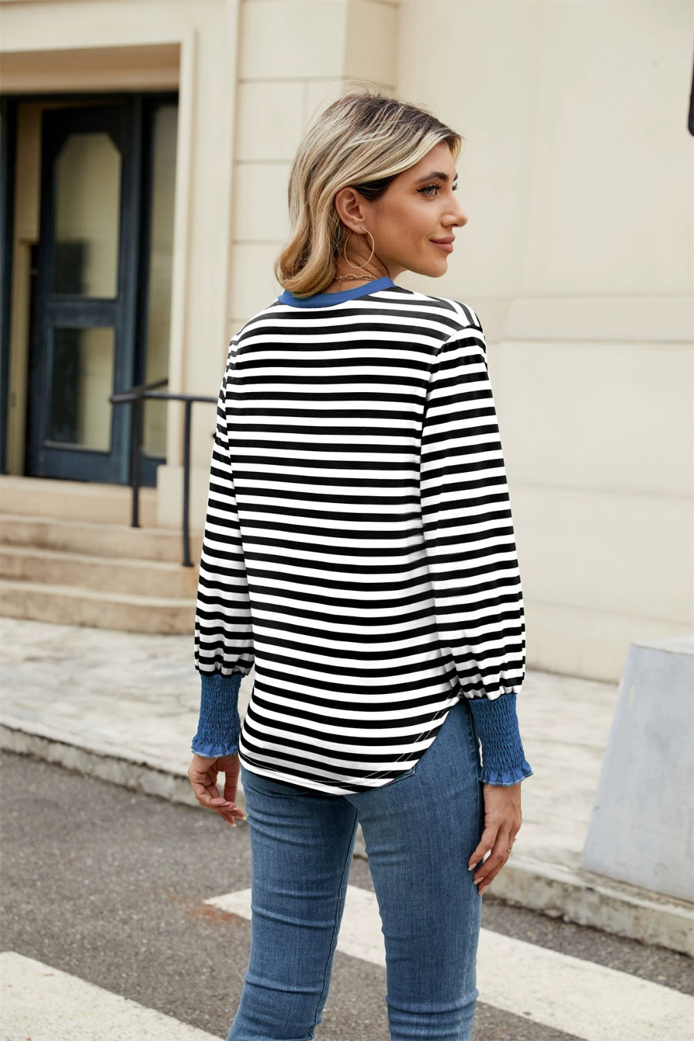 Elena® | Contrast striped long sleeve top with notches