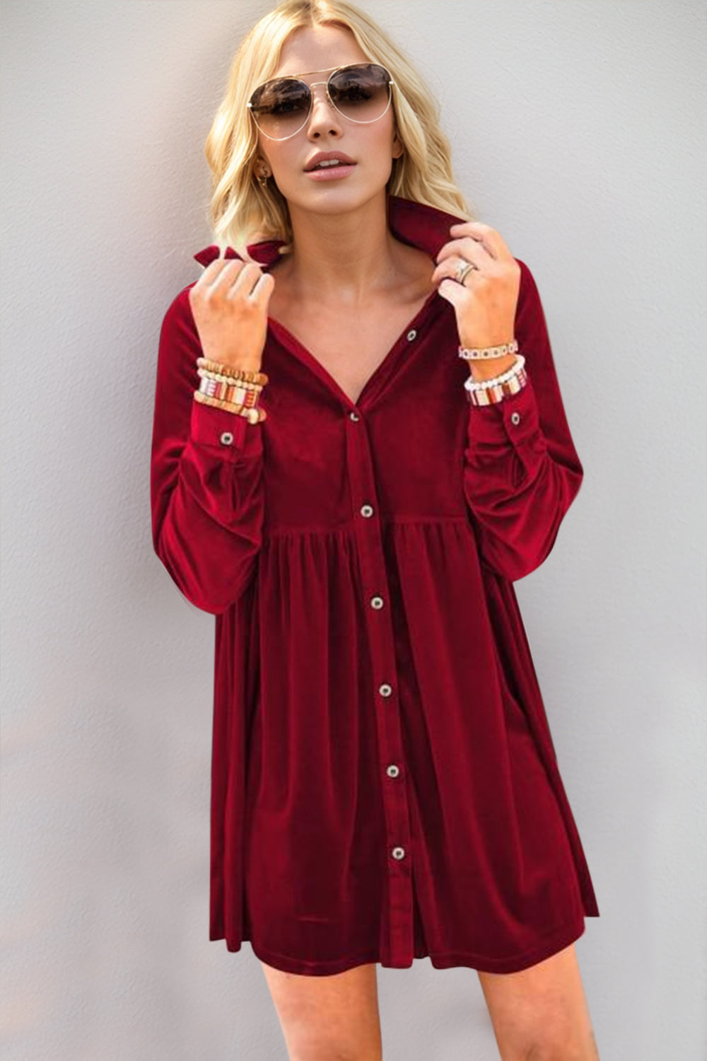 Edith® | Full size long sleeve mini dress with collar neckline