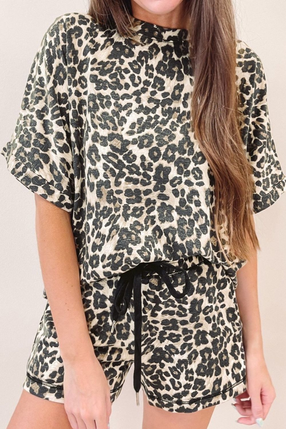 Dulce® | Leopard crew neck top and shorts set