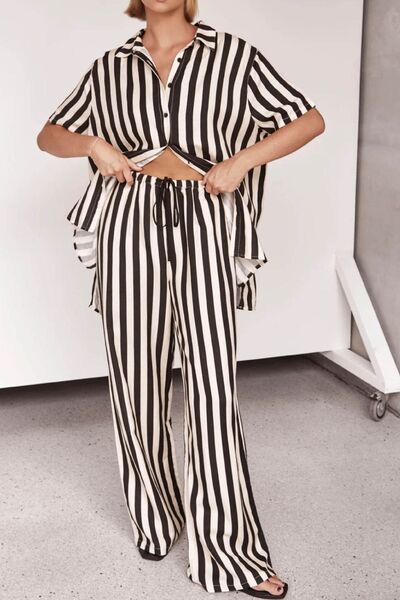 Celeste® | Striped top and pants set with a mid-length collar and collar