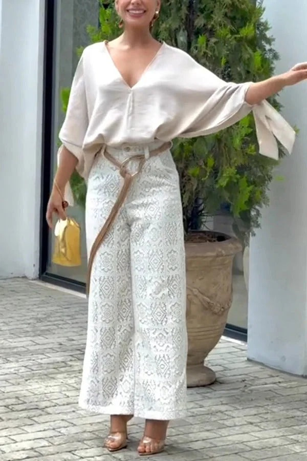 Edith® | Joyful Bond Linen Blend V-neck Knotted Cuff Half Sleeve Loose Top