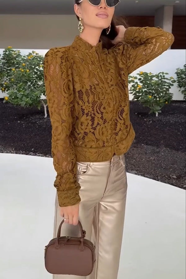 Daniela® | Palace Style Crochet Flower Lace Stand Neck Button Puff Sleeve Jacket