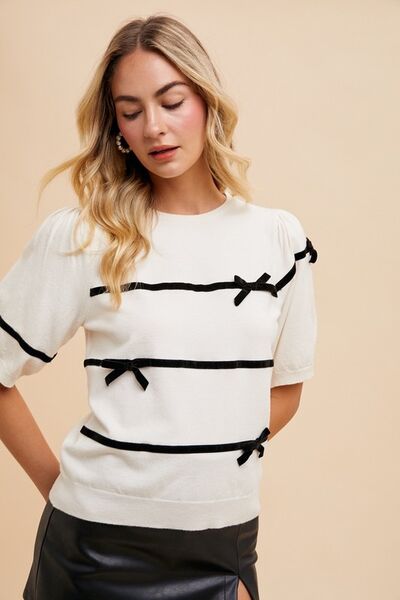 Alicia® | Striped knit top with bow and crew neck