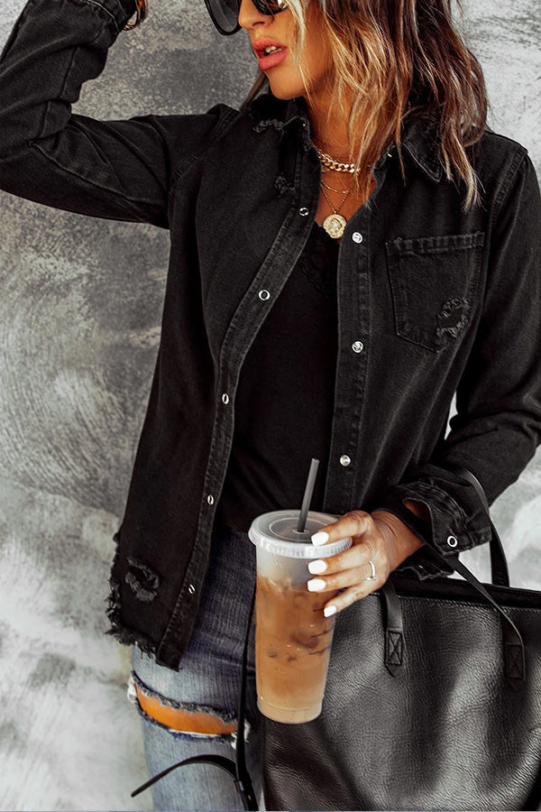 Clara® | Casual Ripped Raw Hem Button Up Denim Shacket