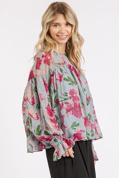 Cristina® | Floral blouse with flounced sleeves and a round neckline