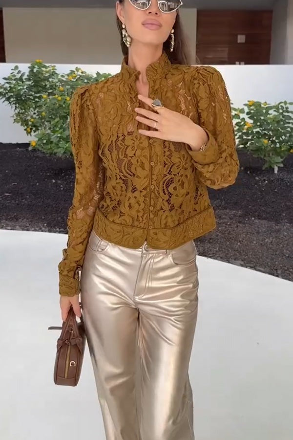 Daniela® | Palace Style Crochet Flower Lace Stand Neck Button Puff Sleeve Jacket