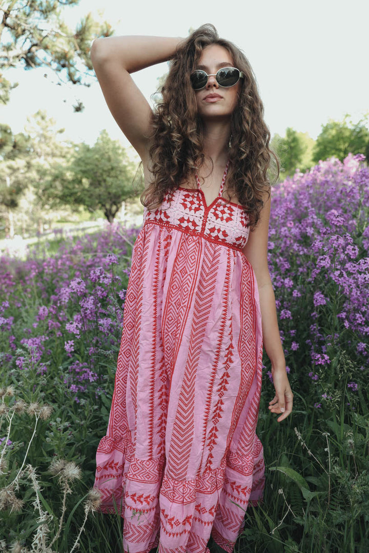 Elisa® | Printed Embroidered Camisole Midi Dress With Lace-Up Detail