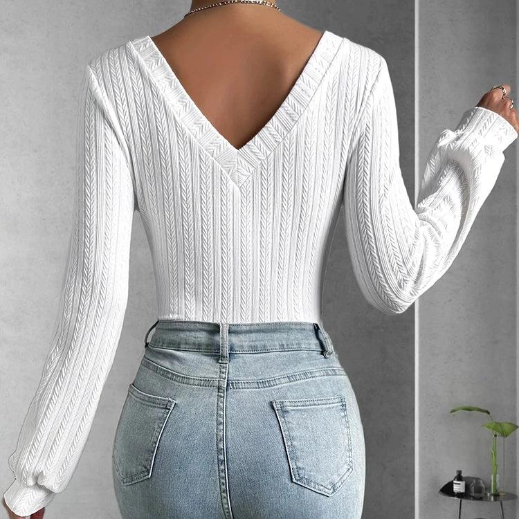 Avenela® | Stylish Autumn White Slim-Fit Bodysuit With Long Sleeves For Women