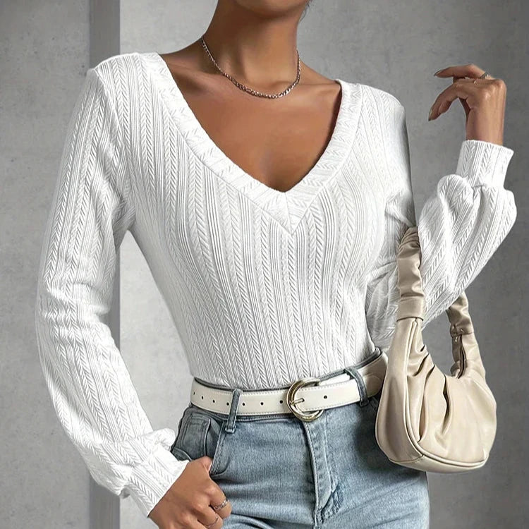 Avenela® | Stylish Autumn White Slim-Fit Bodysuit With Long Sleeves For Women