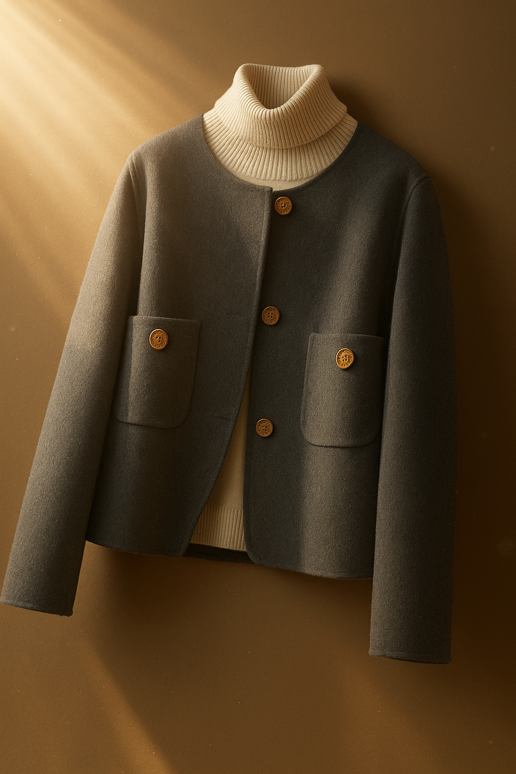 Women’s Cropped Jacket – Wool Blend – Relaxed Fit – Collarless – Button Detail – Pockets