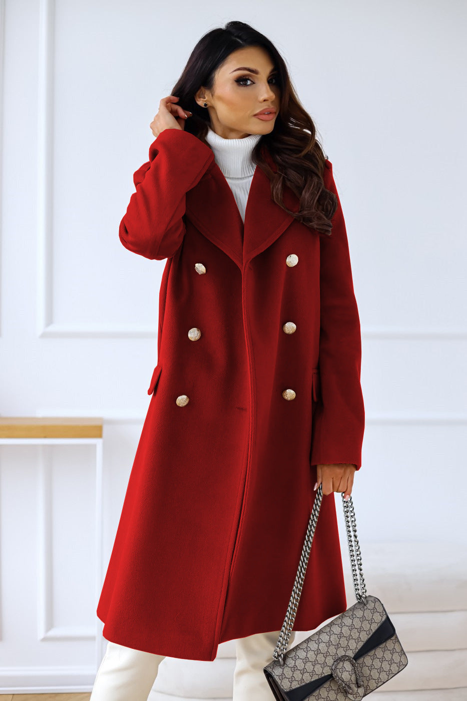 Women’s Long Coat – Wool Blend – Relaxed Fit – Double-Breasted – Tailored Silhouette
