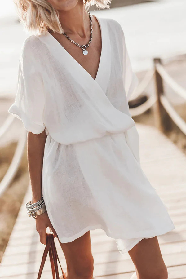 Alba® | Cotton-linen blend kimono mini dress with pockets and belt