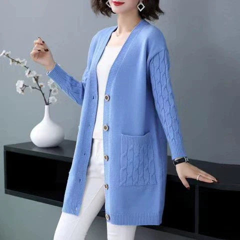 Women’s Cardigan Sweater – Wool Knit – Loose Fit – Cable Sleeve – Mid-Length – Button Front