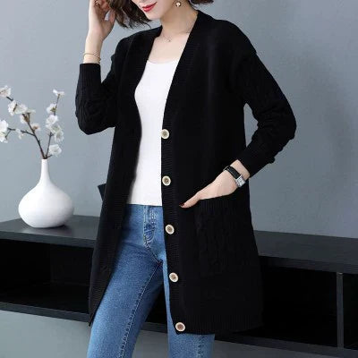 Women’s Cardigan Sweater – Wool Knit – Loose Fit – Cable Sleeve – Mid-Length – Button Front
