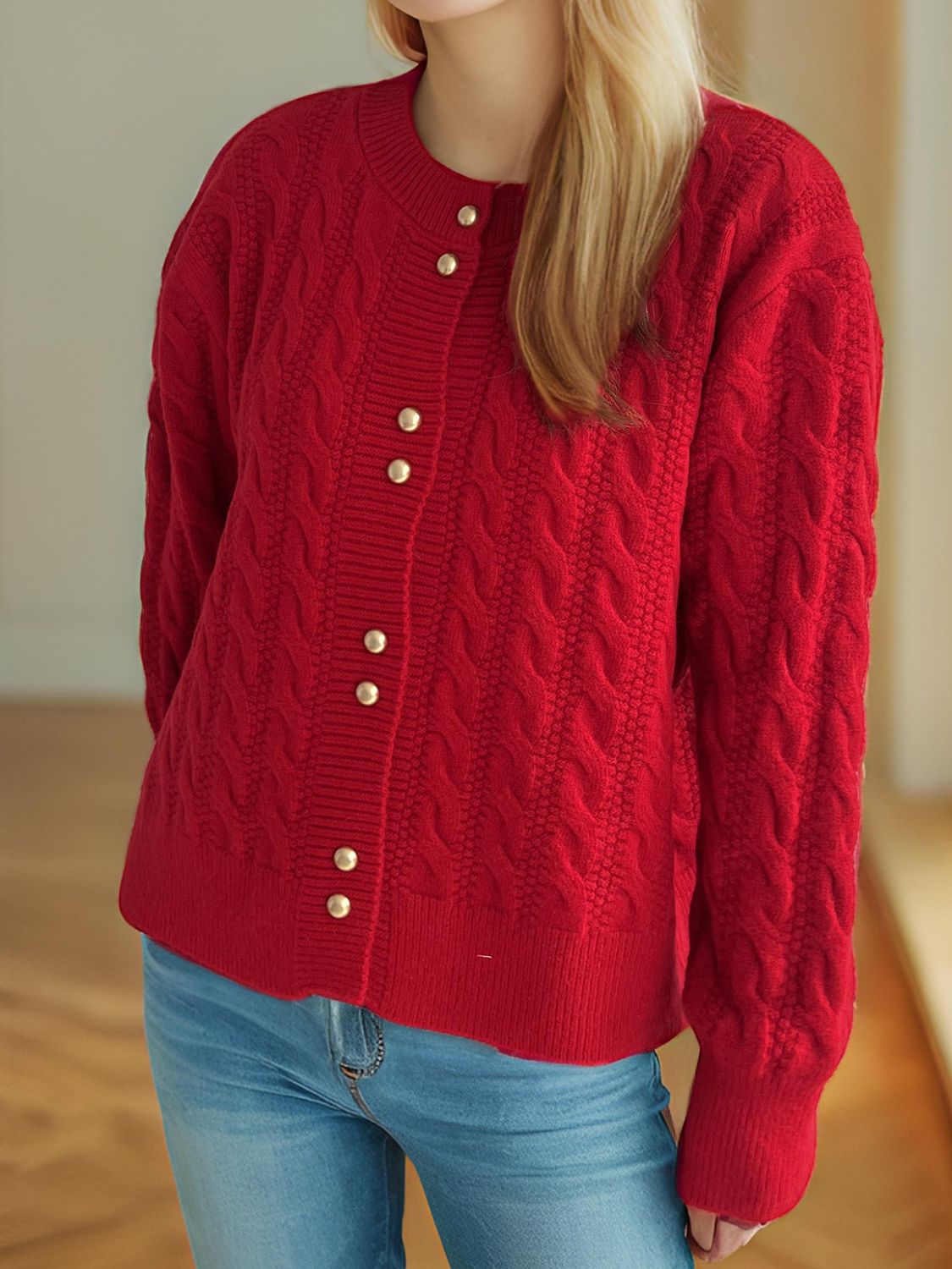 Cristina® | Cable knit cardigan with a crew neck and long sleeves