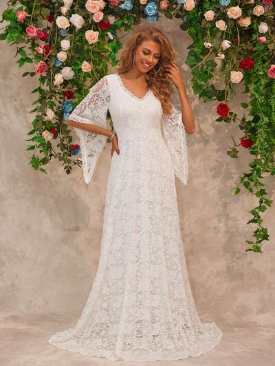 Eliza® | Floor-length lace dress with V-neck