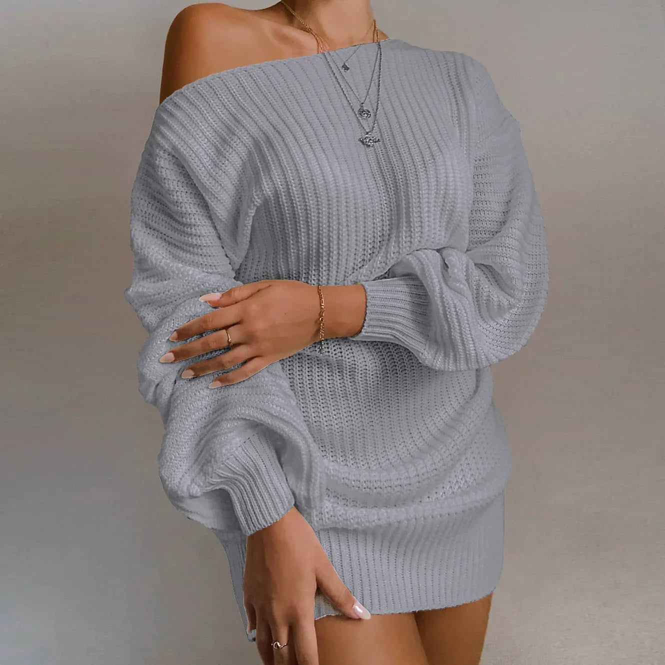 Women’s Sweater Dress – Wool Knit – Off-Shoulder – Ribbed – Lantern Sleeve – Mini Length