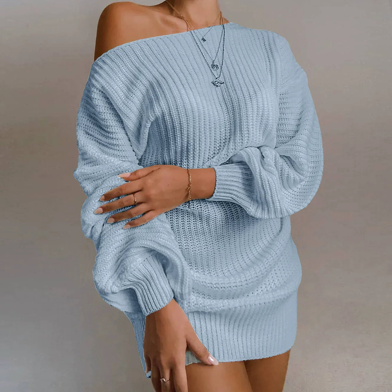 Women’s Sweater Dress – Wool Knit – Off-Shoulder – Ribbed – Lantern Sleeve – Mini Length