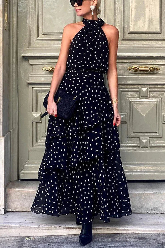 Elisa® | Tiered maxi dress with a polka dot halterneck and a bow at the neckline