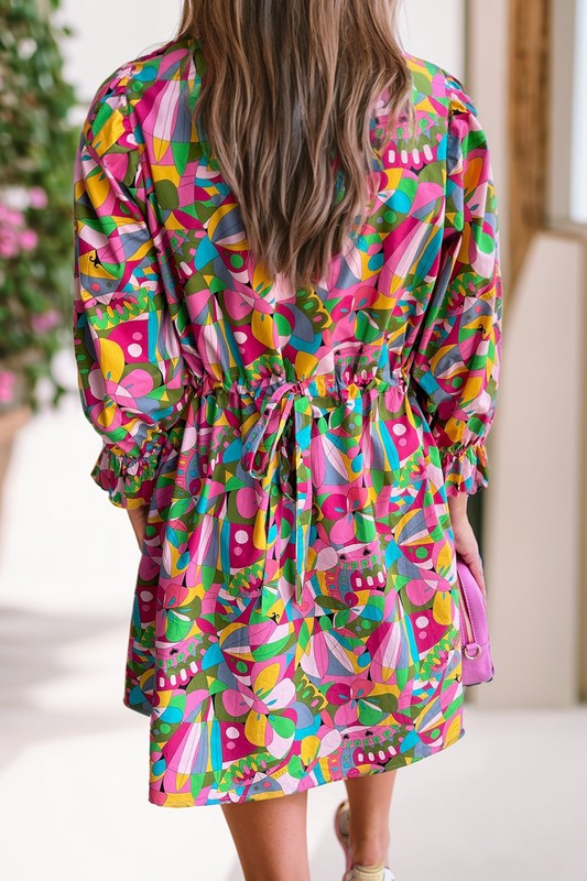 Astra® | Abstract lantern sleeve buttoned mini dress