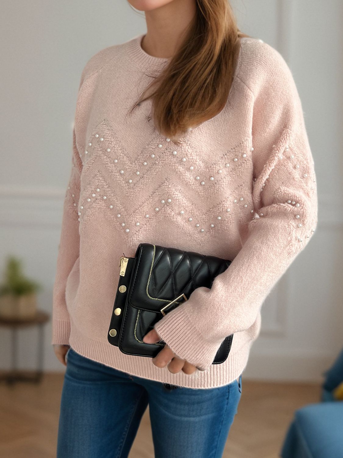 Concepcion® | Round neck sweater with raglan sleeves and pearl trim