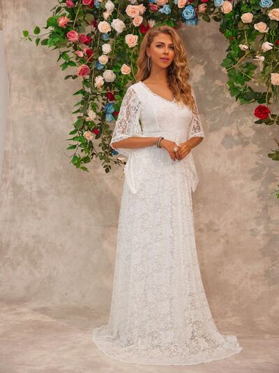 Eliza® | Floor-length lace dress with V-neck