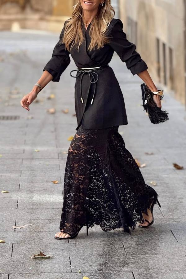 Caroline® | Black lace skirt and blazer set