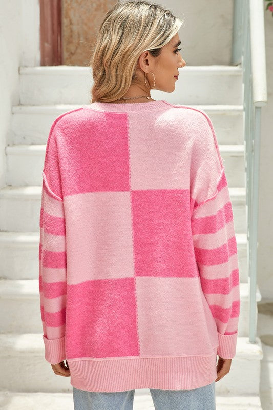 Ariadna® | Checkered high-low sweater with color block stripes