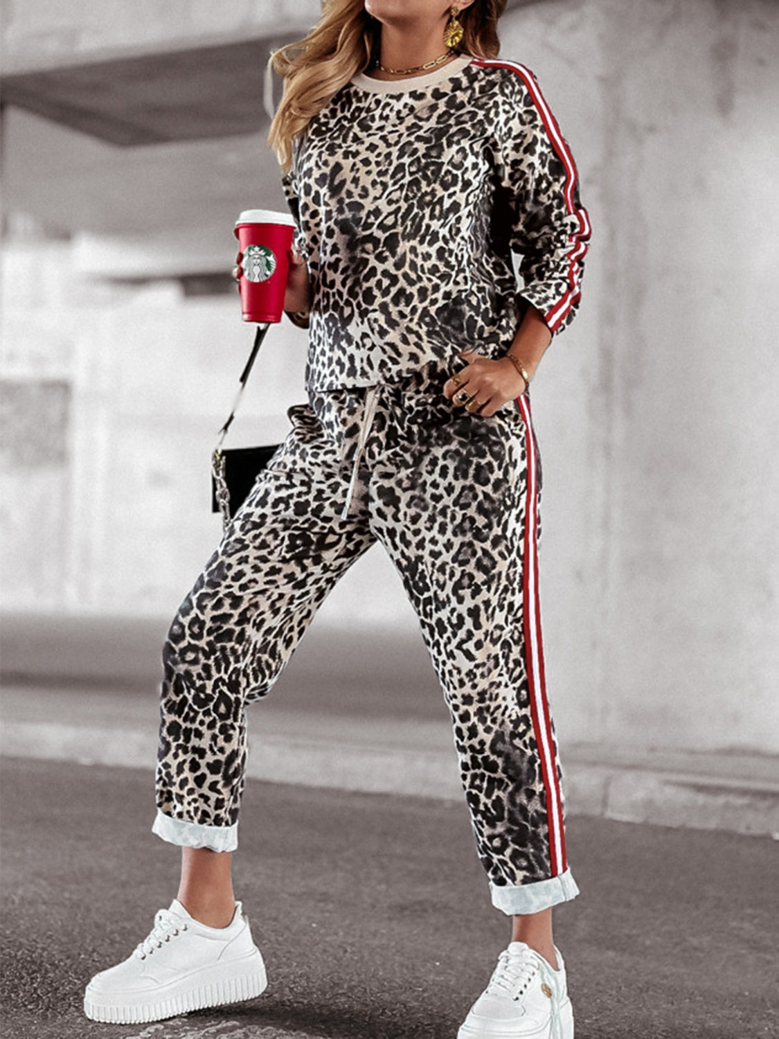 Araceli® | Leopard print round neck long sleeve top and trousers set