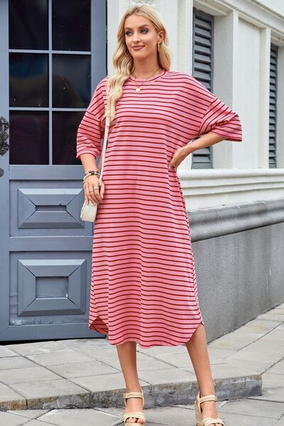 Cora® | Contrast striped midi t-shirt dress with half sleeves