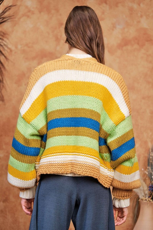 Clara® | Contrast striped, open front cardigan with lantern sleeves