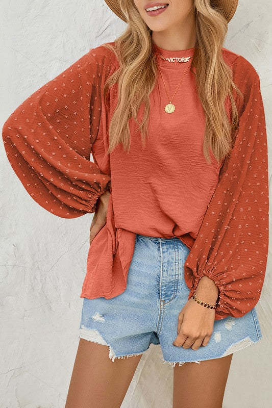 Alexandra® | Chic Swiss Dot Long Sleeve Loose Blouse